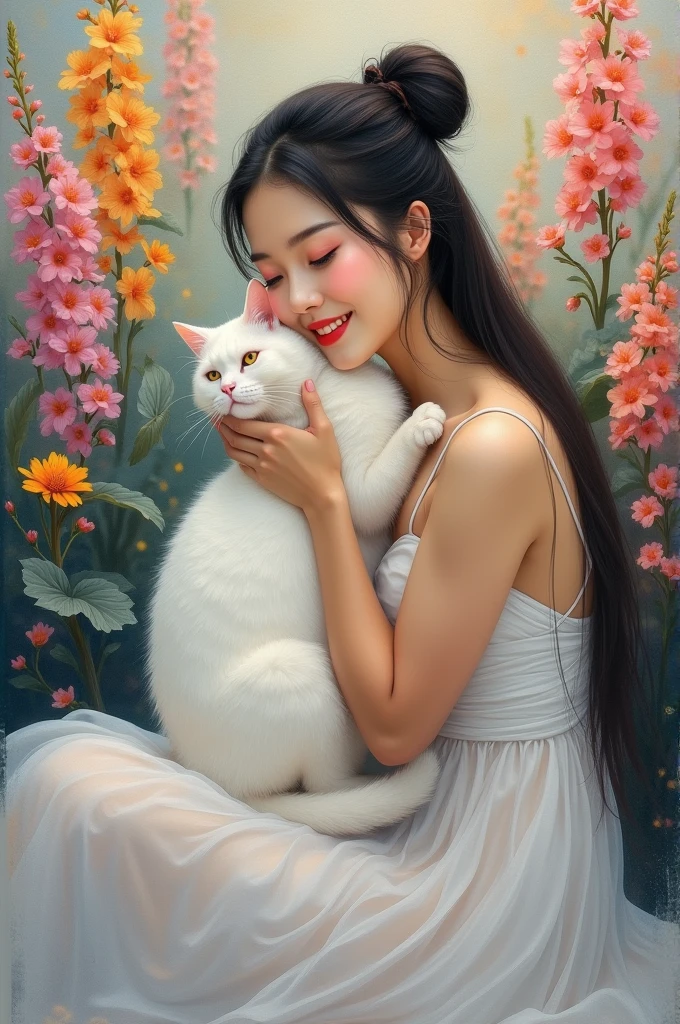 ahmadafandi23
Prompt
an oil painting of a beautiful Asian woman with long hair in a bun, with a white color scheme, wearing a very graceful long dress, facing
sideways and hugging a beautiful white cat, complex brush strokes draw a very beautiful woman, beautiful eyes and Curvy fingers, a dazzling smile, against the background of a painting of colorful flowers hanging upwards with a few strokes of oil paint, intricate brush strokes tracing the woman's features, so real and enchanting is the maestro's painting