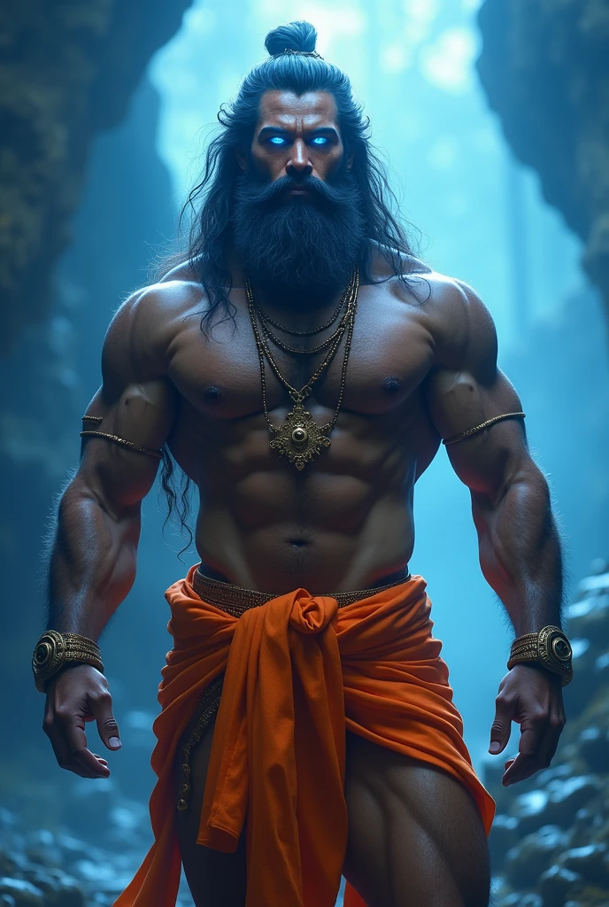 Create a lord Hanuman full HD powerful image. Blue lighting eyes and six pack background blur. Full body Hanuman. Cloth orange color.