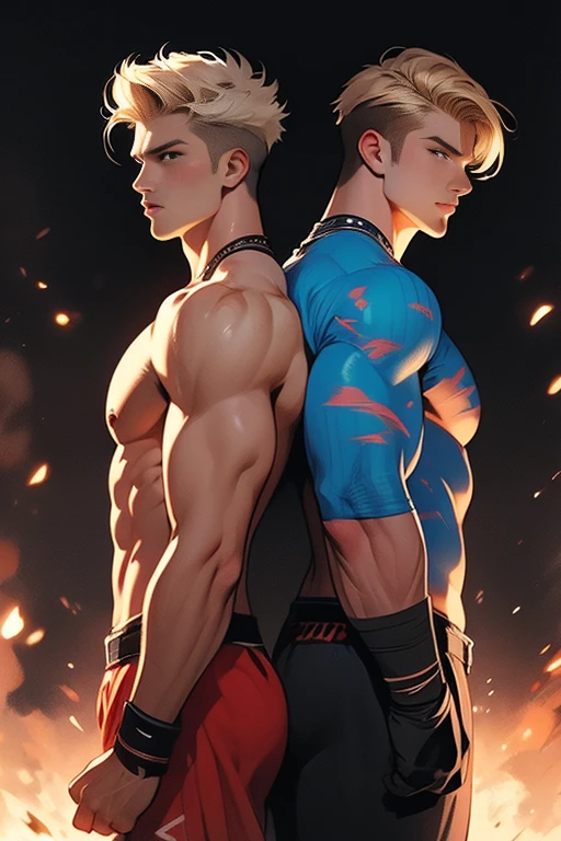 Contemporary painted style depicts two muscular, athletic blonde handsome men who stand back to back, wearing only jock straps. These warriors, braving the elements with their body paint, have been exquisitely detailed in a painted image that captures their raw physicality, on a plain dark background.