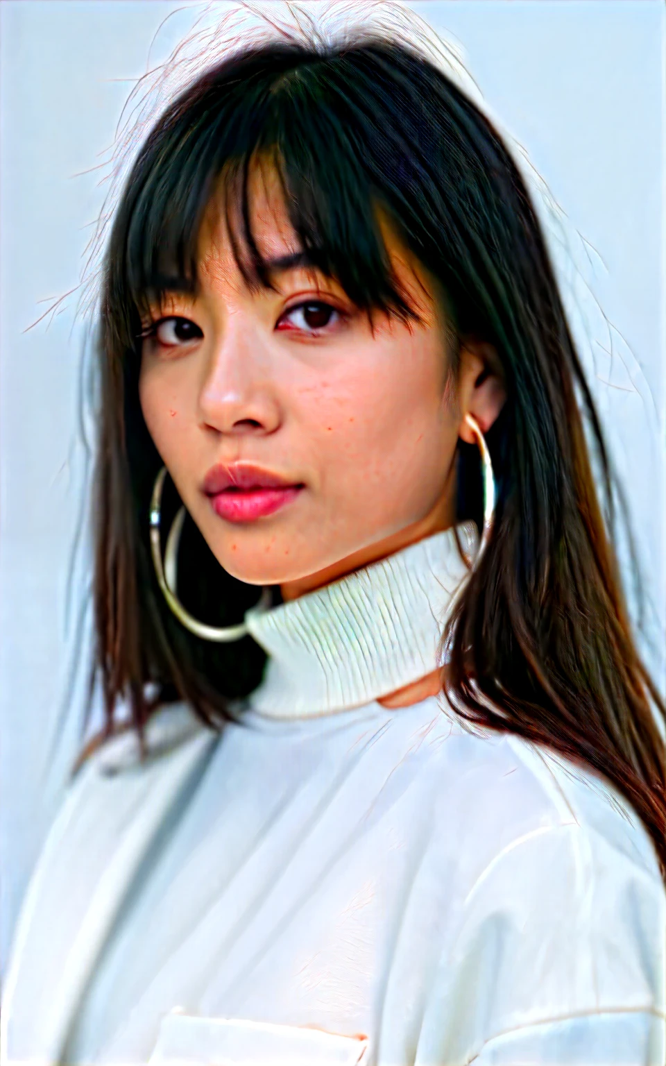 beautiful young asian woman, mid-length dark hair, Shoulder Length Hair with Bangs, subtle makeup, natural look, pensive expression, side glance, white turtleneck shirt, jacket, simple silver hoop earring, (film grain:0.5), dynamic lighting, intricate, (skin pores:0.2), Canon, 35Mm, F/1.2, RAW photo, ultra detailed, real life