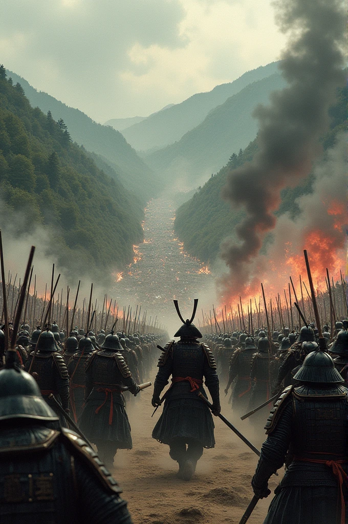 A dramatic battlefield scene depicting the Battle of Okehazama. Oda Nobunaga, in traditional samurai armor, leads a small, determined force against a much larger enemy army. The landscape is hilly with dense forests, and the sky is overcast, adding to the tension of the moment. The scene captures the surprise attack and the intensity of the battle, reminiscent of historical Japanese art.