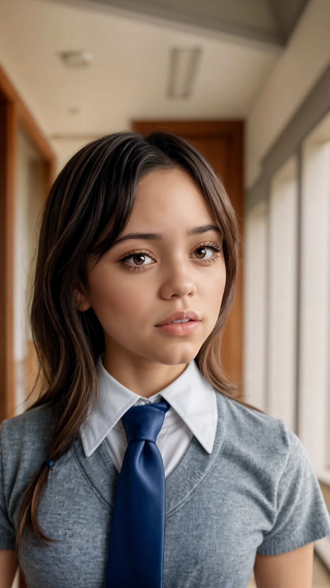 jenna ortega, jortega:1.4, a cartoon girl in a school uniform with a red tie, fubuki, jk uniform, yandere. tall, ochaco uraraka from my hero academia, hero school student uniform, visual gravity power, photorealistic's style, seifuku, my_hero_academia, Grey uniform, realistic, detailed body
