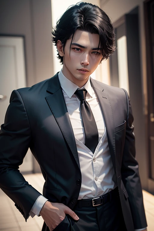 Black-haired boy、wearing a suit and a tie、A photo with the body and head in a straight line, Turn the photo to face the viewer, The eye is fixed on the lens, In the photo you can see the shoulders and head, Man in the center of the photo, 8k, Highest quality, Tabletop, Realistic, Realistic photo, Cinematic photography, ultra Realistic, Perfect lighting, dsrl, Professional photos, 4K Muscle