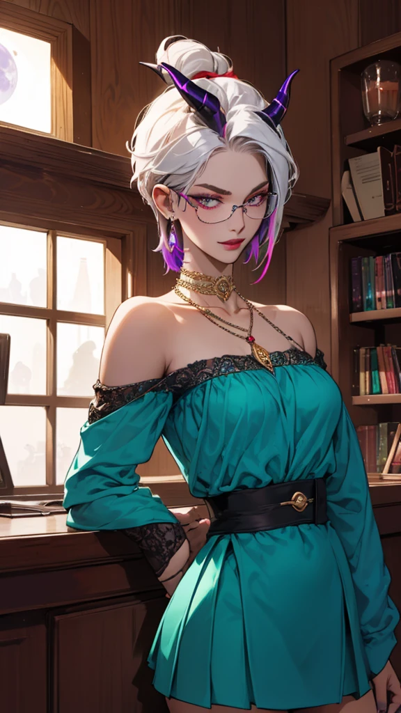 8k, masterpiece, best quality, highly detailed, 1 girl, tiefling, warlock, pixie cut, multicolored hair, very short straight hair red highlight hair on white hair, strippled hair, wearing glasses, round glasses, earrings, navel piercing, red eyeshadow, long eyelashes, blushed cheek, red lips, pearl necklace, rings, collarbone, mole on face, glamorous, teal and purple clothes, miniskirt, smirk, close up view, rings, looking at viewer, demon horns, solo, blue pale moon, standing, royal dress, devil books.