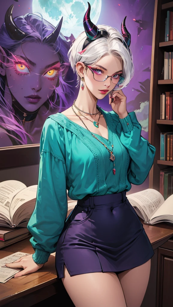 8k, masterpiece, best quality, highly detailed, 1 girl, tiefling, warlock, pixie cut, multicolored hair, very short straight hair red highlight hair on white hair, strippled hair, wearing glasses, round glasses, earrings, navel piercing, red eyeshadow, long eyelashes, blushed cheek, red lips, pearl necklace, rings, collarbone, mole on face, glamorous, teal and purple clothes, miniskirt, smirk, close up view, rings, looking at viewer, demon horns, solo, blue pale moon, standing, royal dress, devil books.