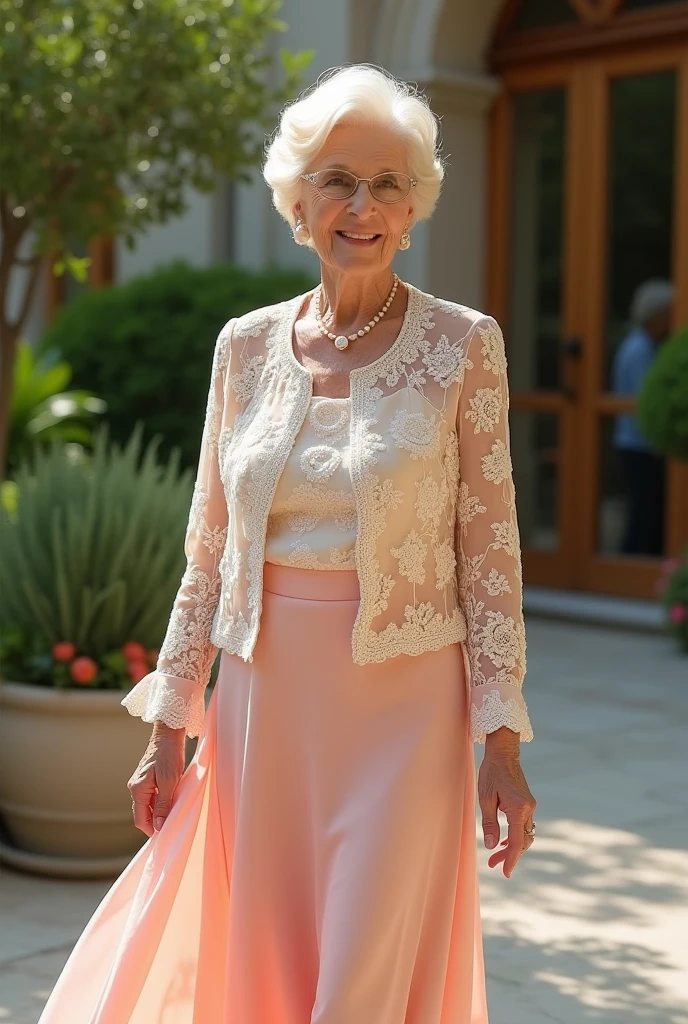 I need you to create a dress for a 70-year-old lady., for a wedding that is beautiful with casual chic style, I need it to have more color and a little more lace, two-piece