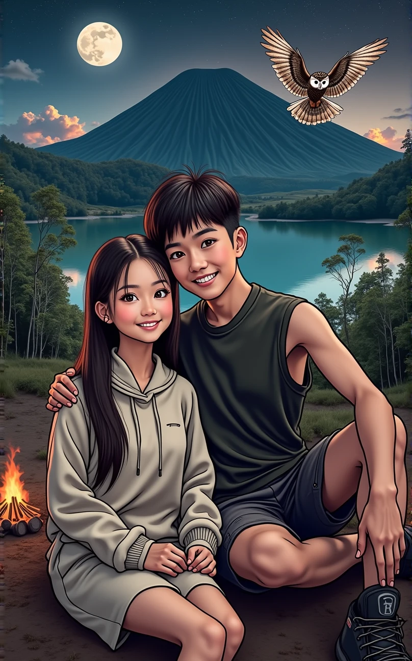 whole body, a beautiful Indonesian woman smiling clean face long straight hair hiking clothes hiking shoes sitting in front of a beautiful luxurious tent sitting with an Indonesian man smiling short hair neat wearing pomade hiking clothes short cargo pants with the background of mount bromo which has a beautiful lake with shady green trees and many owls flying full moon many stars shining at night campfire clouds lined up, ultra realistis ultra HD, portrait photography, photo