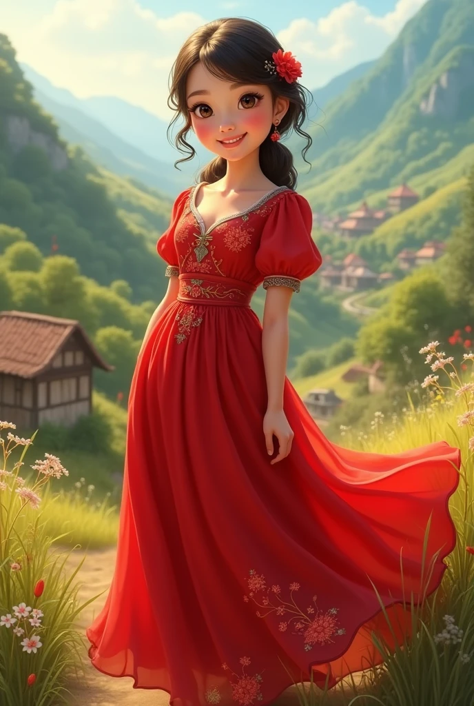 A village girl with red dress with big breasts