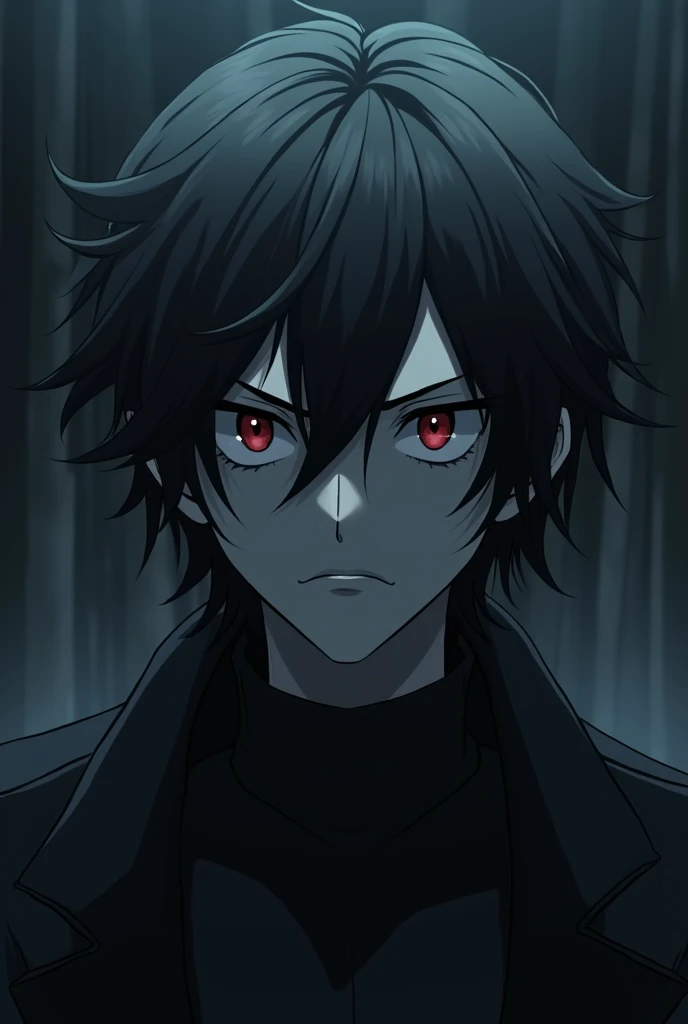 Anime man in a black coat with a psychopathic face and a scar on his cheek near his eye