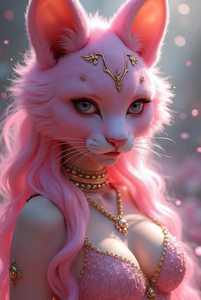 a beautiful pink panther girl, bunny girl costume, extremely detailed face and eyes, beautiful detailed lips, long eyelashes, detailed jewelry, intricate costume design, glowing skin, dynamic pose, cinematic lighting, vibrant colors, fantasy art style, photorealistic, 8k, high quality