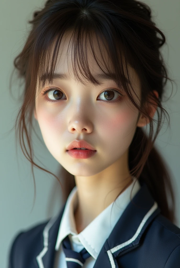 realistic woman pictures, Amazing face and eyes, highly detailed Beautiful face, brown straight hair, Bangs, big brown eyes, pale skin, slim, pale skin, hi-school uniform, fine face, realistic, detailed depiction, Ultra-detailed, realistic pictures