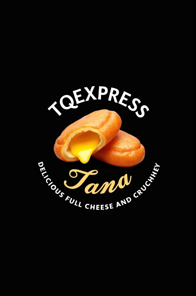 A company logo that says " TQExpress Tana" with a tequeños in the center, say the phrase " Delicious full cheese and crunchy" to display the phone number "04162131655"
With a background "negro"