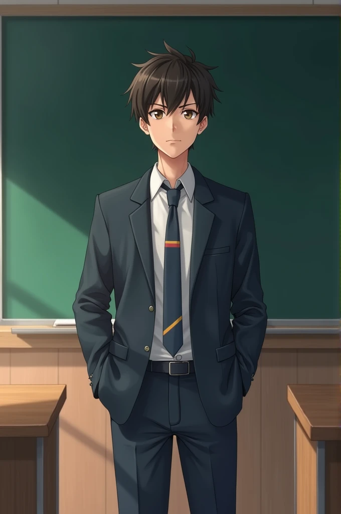 New male student at vocational school and introducing himself in front of a large blackboard wearing a large vocational school uniform, brown eyes with a bit of black, thick eyebrows, comma hair, brown hair and a slightly sharp nose that attracts women