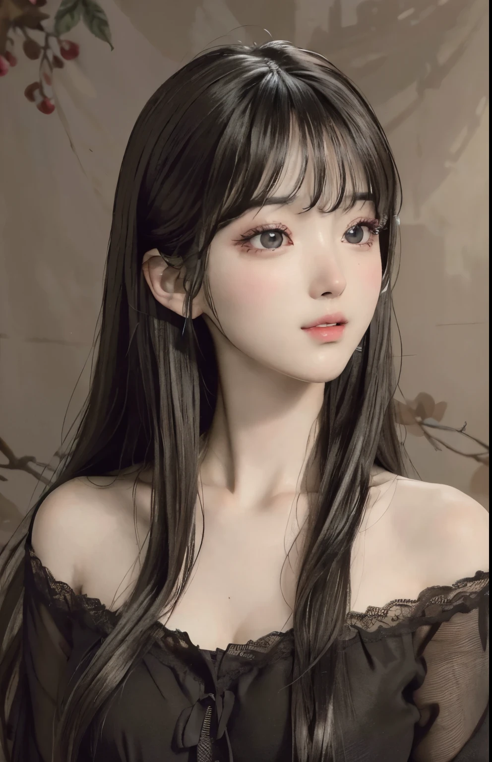 (Ultra Realistic), (Illustration), (Increased Resolution), (8K), (Extremely Detailed), (Best Illustration), (Beautiful and Detailed Eyes), (Best Quality), (Ultra Detailed), (Masterpiece ), ( wallpaper), (detailed face), solo, 1 girl, beautiful korea idol girl, realistic skin, realistic eyes, realistic face, looking at viewer, fine details, detailed face, in the dark, deep shadows, low key, pureerosfaceace_v1, smiling, long hair, black shawl straight hair , 46 points oblique bangs