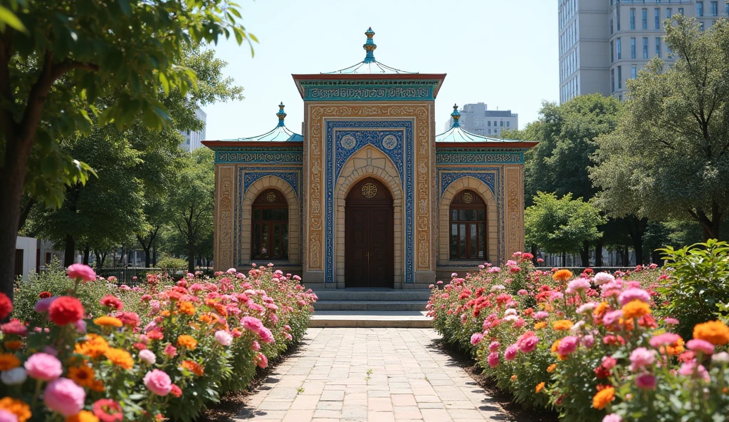 A tiny Uzbek-style mosque full of Samarkand calligraphy amidst pastel-colored flower gardens in downtown Seoul, South Korea