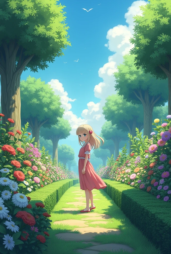 Create a image where a anime character is standing in a beautiful garden and write the word Aayush in the image
