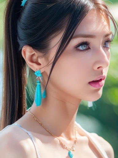 (masterpiece, highest quality:1.2), 8k, 85mm, Raw photo, confused, white and cyan theme, (liquid clothes, liquid dress:1.4), gray hair, gradient dress, delicate girl, Upper body, close your face, shiny skin, , looking at the viewer, HDR, sharp focus, particle, dusk sky, shiny skin, small eyes and face, colorful background, simple background、earrings、necklace、clavicle、twin tails、See-through silk dress、Gal Makeup、,Turquoise Necklace、Big earrings、Platinum Jewelry、Twin tails、cheek、((Cleavage Emphasis))、(Nipple Covers)、high Ponytail、Gold Hair Accessories