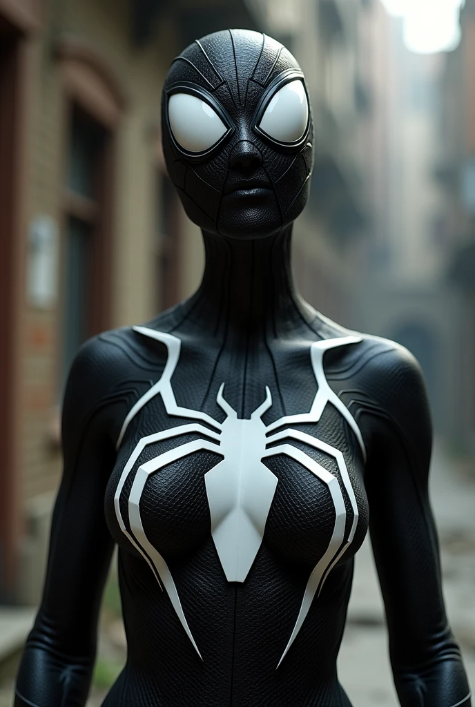 Gwen is wearing a black suit with a white spider in the center of her chest., Organic looking clothes, Sticky forehead, Symbiote, White eyes, Fine art, PS5 Cinematic Screenshots,Highly detailed cinematic rendering, Ultra-Photorealistic Latticing, Cinematic lighting