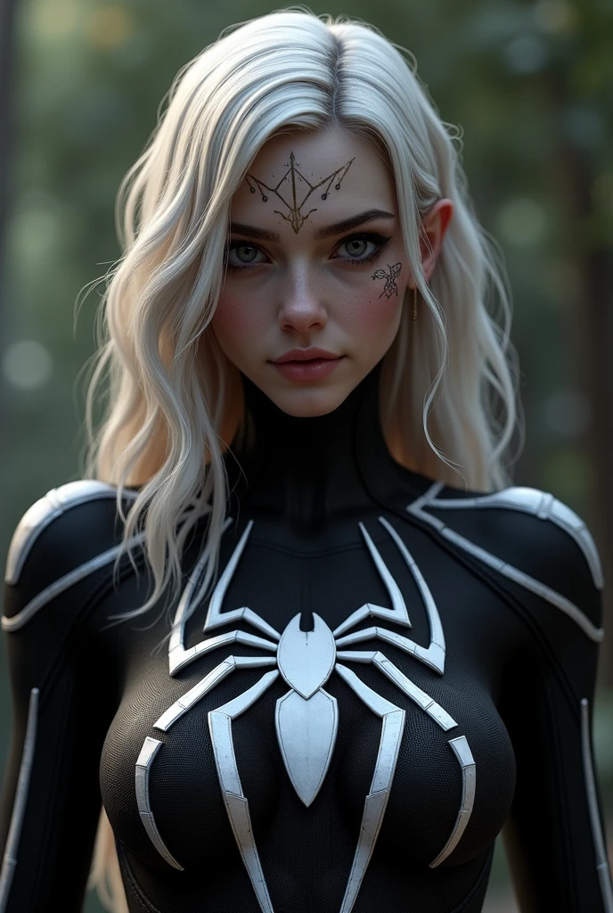 Gwen is wearing a black suit with a white spider in the center of her chest., Organic looking clothes, Sticky forehead, Symbiote, White eyes, Fine art, PS5 Cinematic Screenshots,Highly detailed cinematic rendering, Ultra-Photorealistic Latticing, Cinematic lighting