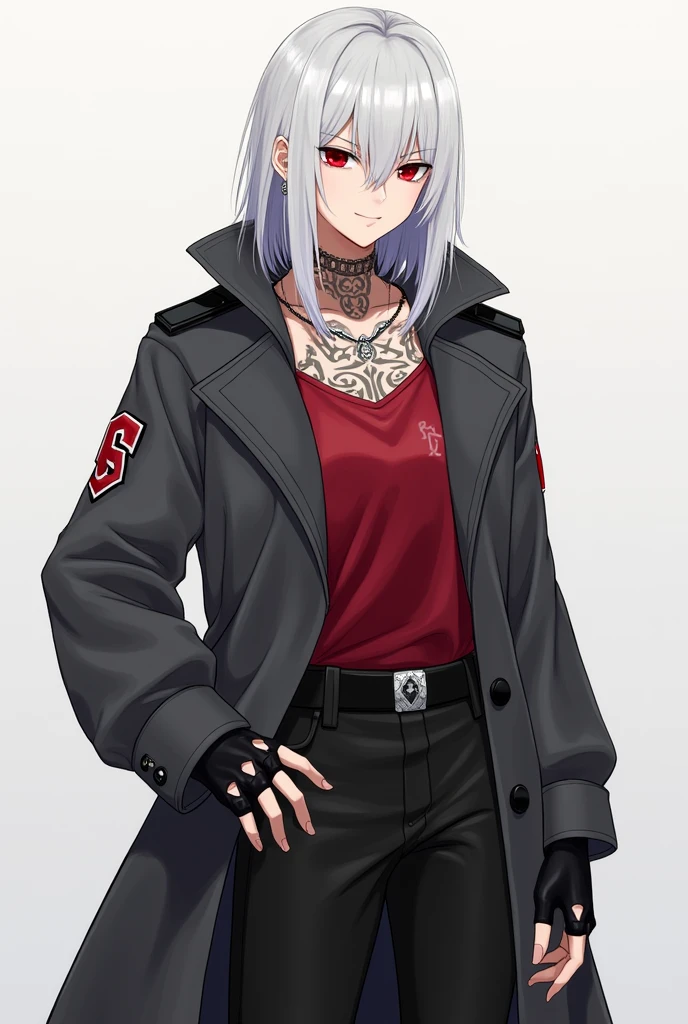 masculine, Age 22, Japanese 1,95 tall , weighs 86 kg, crimson red eye color, white hair color straight hair long, dark gray overcoat wearing black pants a red shirt ,military boots , black long gloves,has tribal tattoos , accessories include a silver chain and diamond earrings and a scar on her chest.