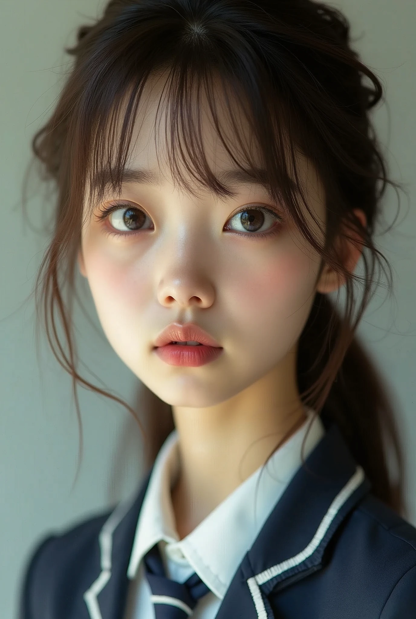 realistic woman pictures, Amazing face and eyes, highly detailed Beautiful face, brown straight hair, Bangs, big brown eyes, pale skin, slim, pale skin, hi-school uniform, fine face, realistic, detailed depiction, Ultra-detailed, realistic pictures