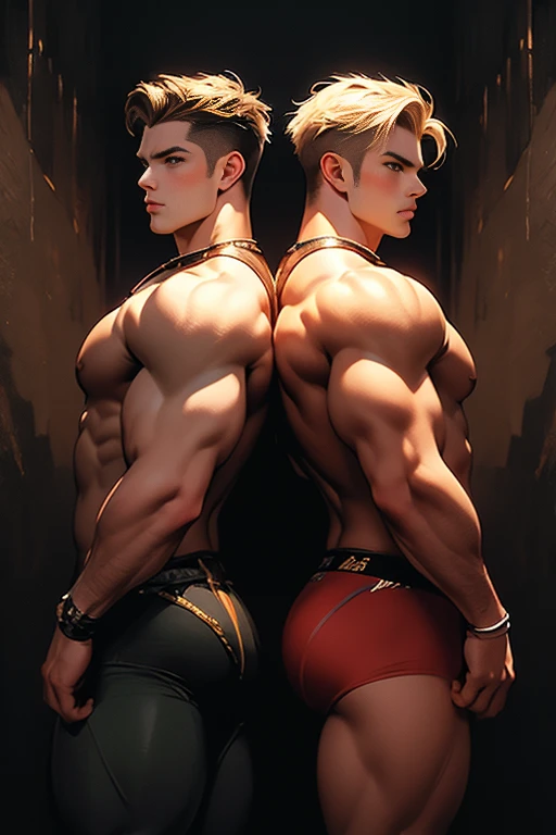 Contemporary painted style depicts two muscular, athletic blonde handsome men who stand back to back, wearing only jock straps. These warriors, braving the elements with their body paint, have been exquisitely detailed in a painted image that captures their raw physicality, on a plain dark background.