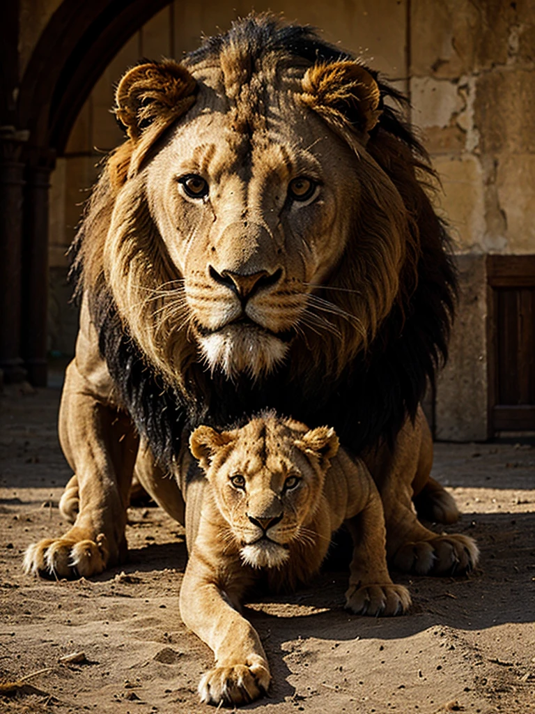Create an image of a towering lion and its cub in front of a Bible