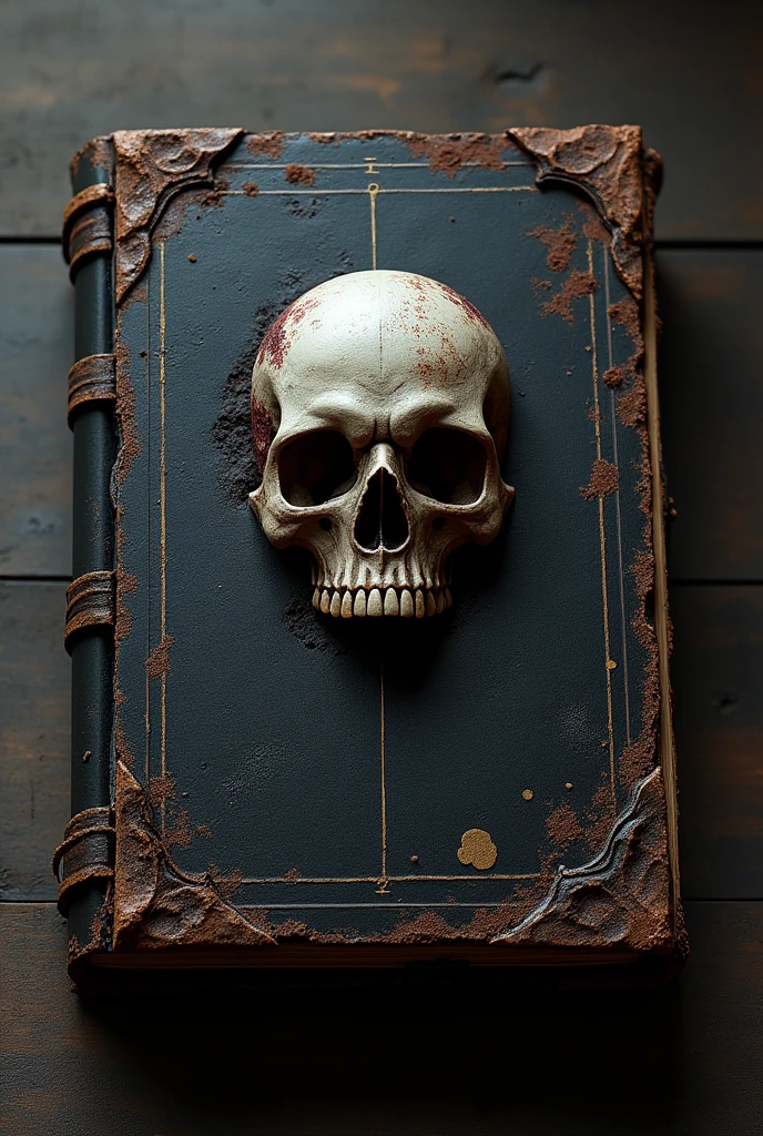 An old black book cover with tattered edges, bloodstains, and a skull in the center.