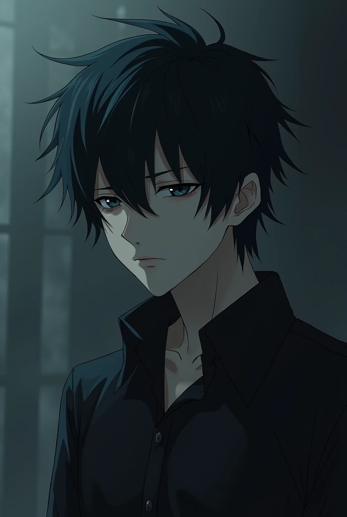 dark alluring anime guy with medium hair, frowning, pale, introverted