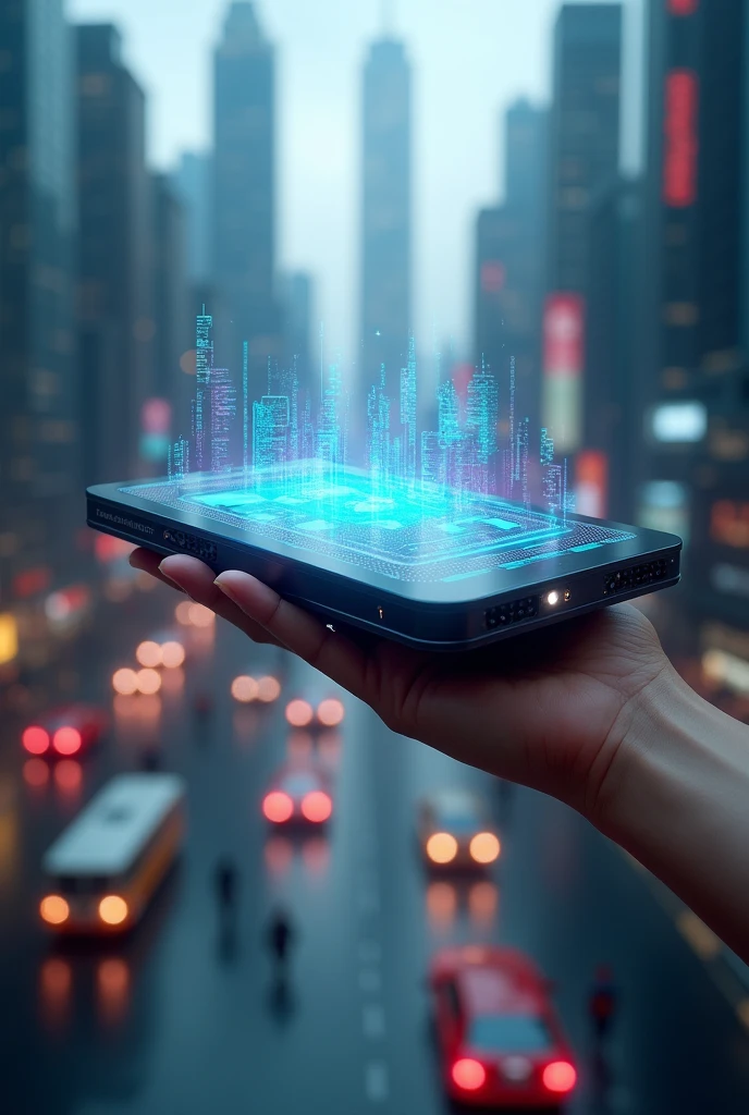 Generate an image of Imagine an ICT device twenty (20) years from now, that will have a drastic effect on our society.