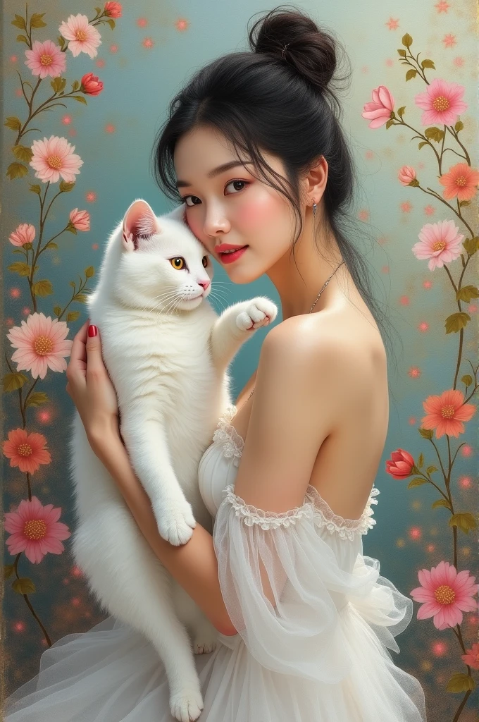 ahmadafandi23
Prompt
an oil painting of a beautiful Asian woman with long hair in a bun, with a white color scheme, wearing a very graceful long dress, facing
sideways and hugging a beautiful white cat, complex brush strokes draw a very beautiful woman, beautiful eyes and Curvy fingers, a dazzling smile, against the background of a painting of colorful flowers hanging upwards with a few strokes of oil paint, intricate brush strokes tracing the woman's features, so real and enchanting is the maestro's painting