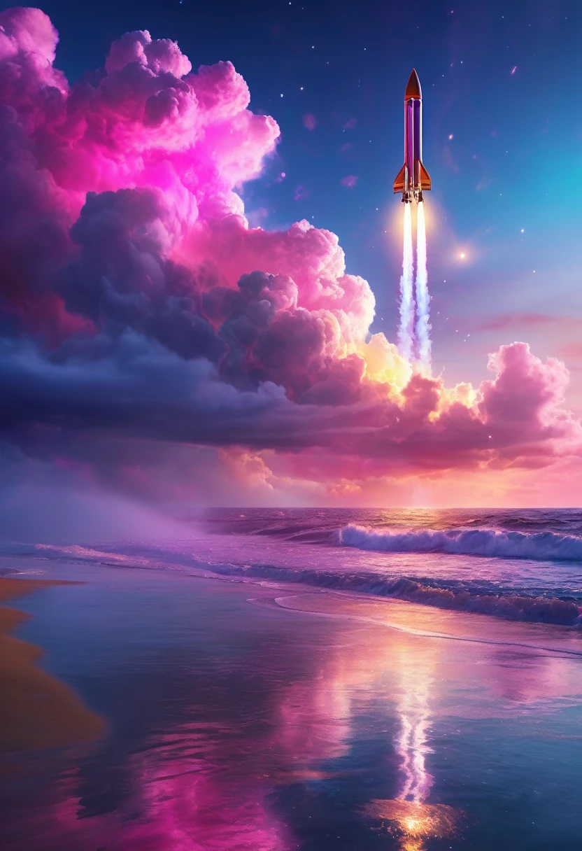 虹色rocket、大きなrocket、Iridescent skyを飛ぶrocket,rocket、虹色のrocket、colorful,Iridescent smoke、虹色のrocketはIridescent smokeを出している、Beautiful sky,wonderful景色,Seaside,Iridescent sky、An atmosphere full of dreams and hope,masterpiece.16K, Ultra-high resolution, Ultra-high resolution, to be born,wonderful ,future、Iridescent、The world 30 years from now。