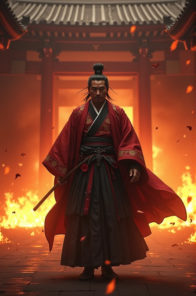 A tense and dramatic night scene of the Honnō-ji Incident. Oda Nobunaga, dressed in traditional Japanese robes, is depicted in a temple surrounded by flames as the building burns around him. His expression is calm yet resolute, capturing the moment before his forced suicide. The image should convey the betrayal and intensity of this pivotal moment in Japanese history, with a dark, fiery atmosphere.
