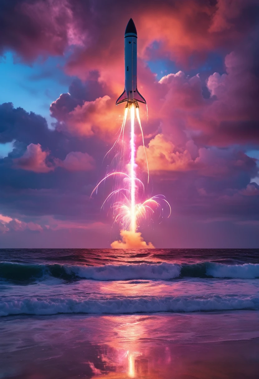 虹色rocket、大きなrocket、Iridescent skyを飛ぶrocket,rocket、虹色のrocket、colorful,Iridescent smoke、虹色のrocketはIridescent smokeを出している、Beautiful sky,wonderful景色,Seaside,Iridescent sky、An atmosphere full of dreams and hope,masterpiece.16K, Ultra-high resolution, Ultra-high resolution, to be born,wonderful ,future、Iridescent、The world 30 years from now。