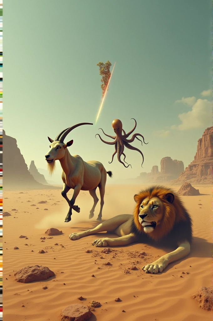 Goat spinning at high speed Tied up octopus Buried Lion Melted laser beam desert