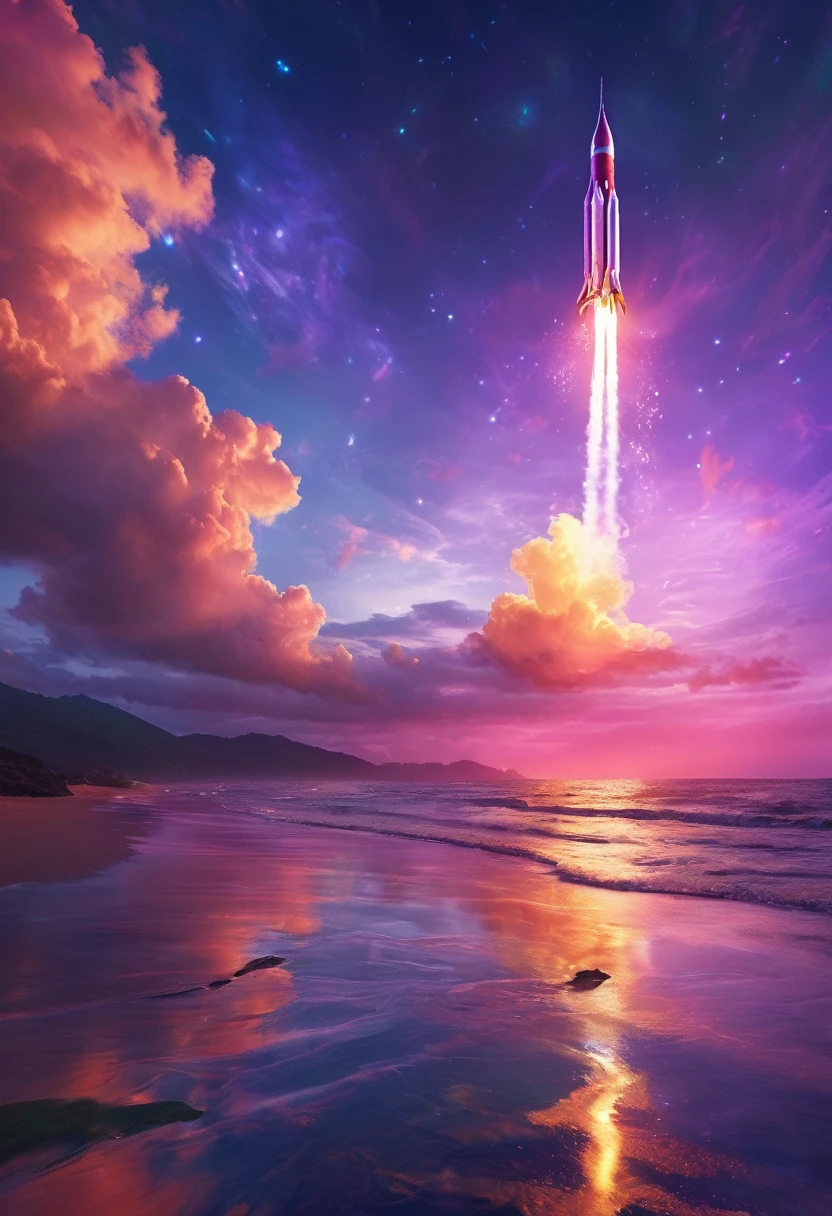 虹色rocket、大きなrocket、Iridescent skyを飛ぶrocket,rocket、虹色のrocket、colorful,Iridescent smoke、虹色のrocketはIridescent smokeを出している、Beautiful sky,wonderful景色,Seaside,Iridescent sky、An atmosphere full of dreams and hope,masterpiece.16K, Ultra-high resolution, Ultra-high resolution, to be born,wonderful ,future、Iridescent、The world 30 years from now。