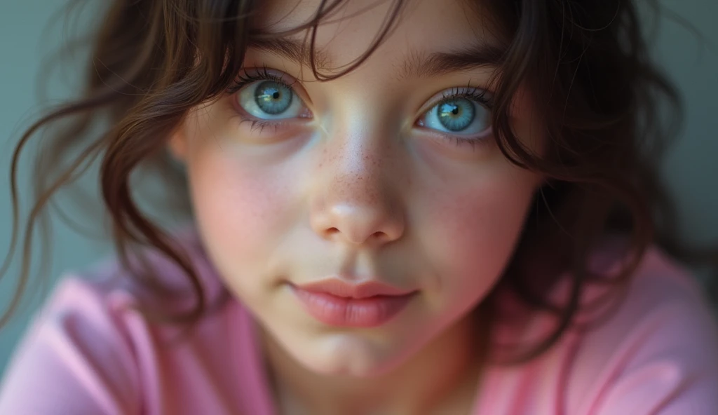  girl dark hair and blue green eyes 
Very realistic photo
