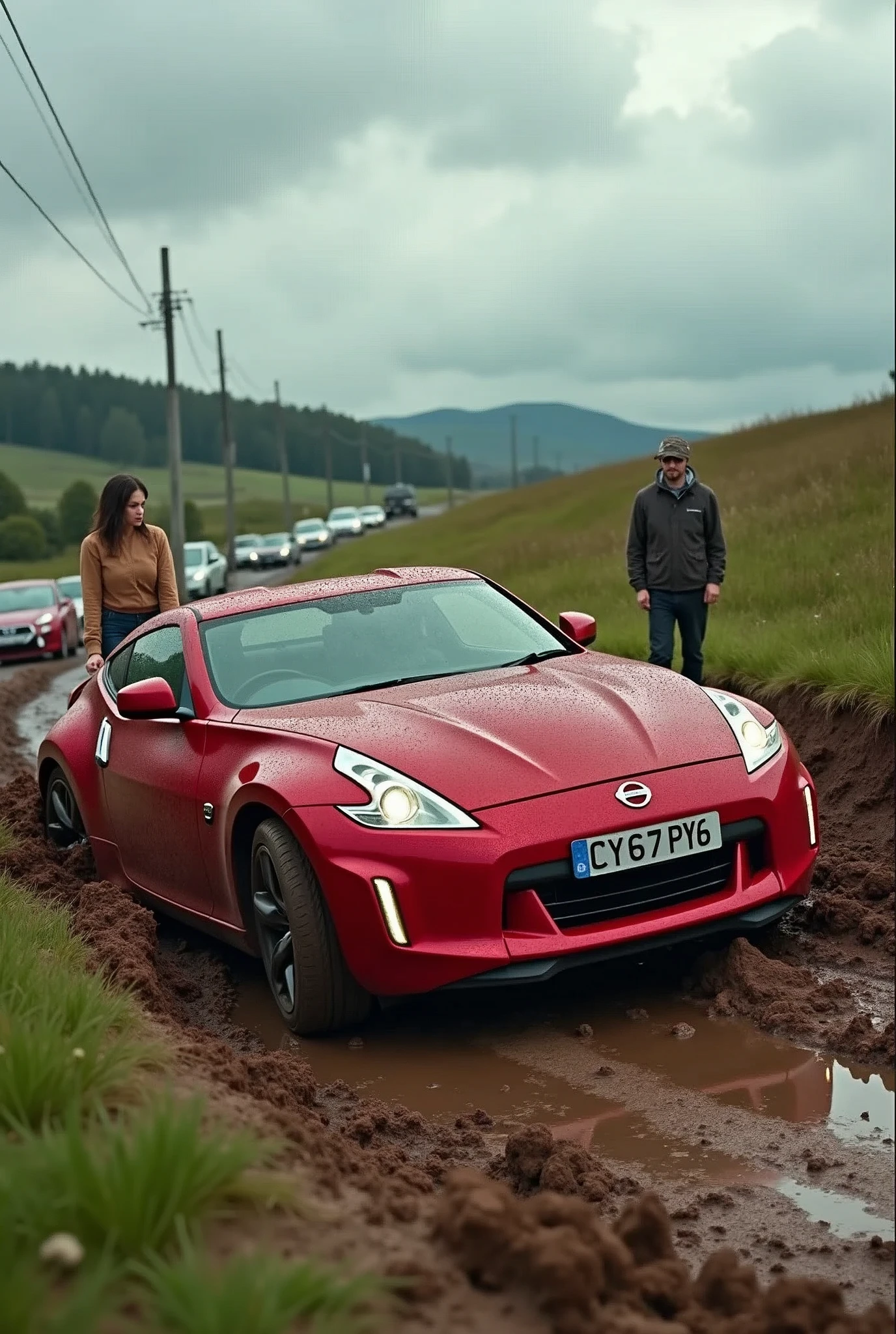 A high-resolution photograph capturing the moment of a stunning pretty lady attempting to navigate her red Nissan 370Z up a treacherous, muddy hill. The car's rear wheels spin furiously, deeply submerged in the mud, while the pristine shiny front wheels remain stationary, emphasizing the futile situation. The driver's frustration and embarrassment are palpable through the closed car window. An onlooker captures her predicament, while a man in casual attire disregards her struggle. The rural countryside backdrop features a grassy roadside, parked cars, and a backdrop of overcast clouds, greenery, and small hills. The zoomed-in shot and side perspective create a captivating impact, emphasizing the driver lady's dark makeup face with unease expression through the car window.