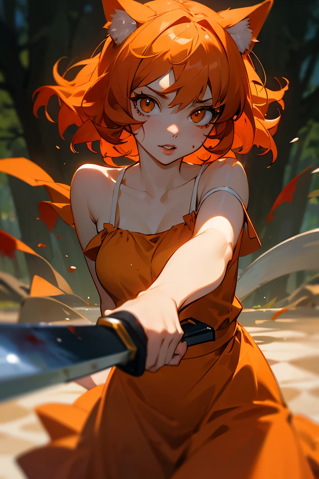 Orange-eyed mature girl, short orange hair ending in soft curls, orange catgirl ears and tail, (full lips: 1.2), (modest lovely sundress splattered with blood: 1.2), (threatening me with a bloody knife: 1.3), forest background