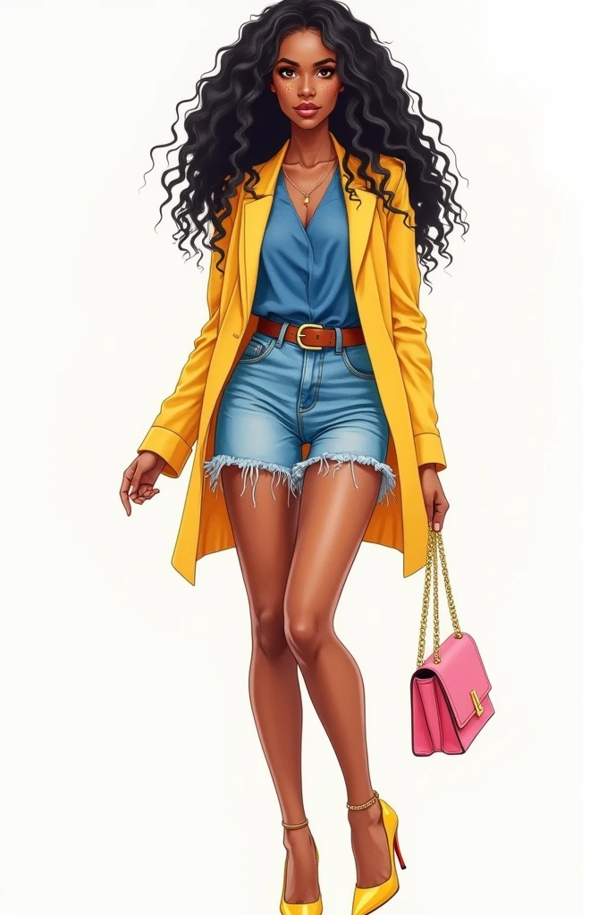 anime,Watercolor illustration of a female character. A beautiful 25-year-old black woman, she has dark wavy hair that falls in a cascade. She has striking eyes and freckles on her face. A woman is wearing a yellow blazer over a blue blouse and denim shorts... a brown belt. She is carrying a pink bag with a gold chain strap in her hand and wearing yellow high heels,vector art, cartoon style illustration, HD illustration, 8k,by Jen Bartel