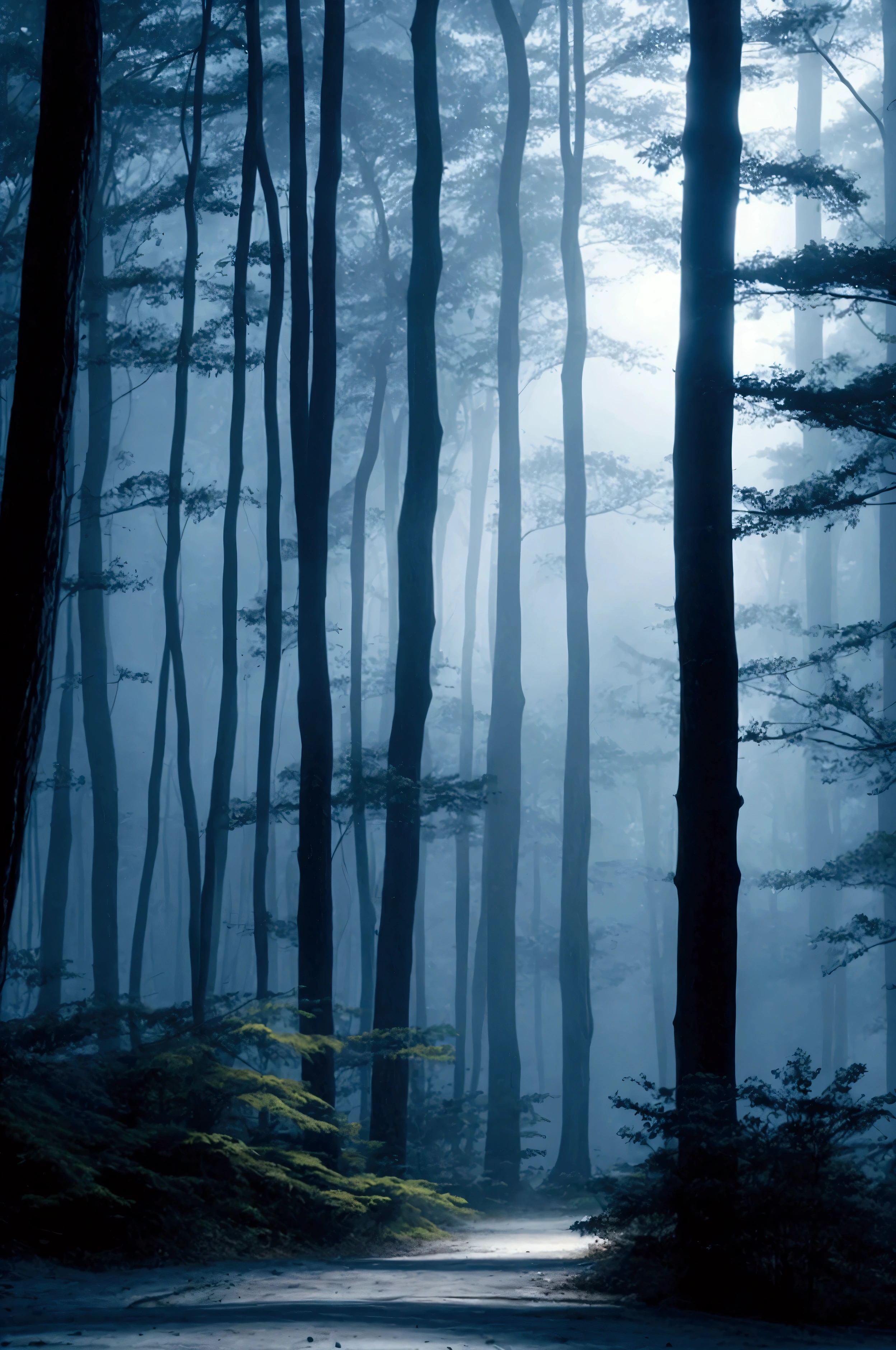 Real Stick、Late Night、Deep woods、Thick Fog、A pillar of blue light shining deep in the forest、temple、landscape。