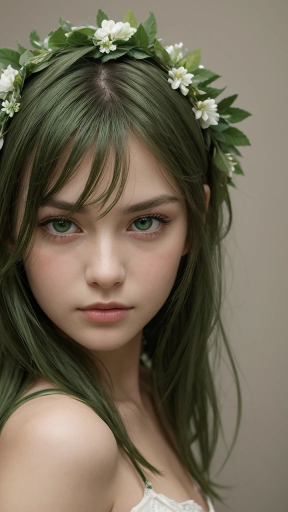 face portrait. a girl. european. extremely detailed face. oval face. delicate features. half-closed eyes. soft eyes. sad expression. seductive eyes. green eyes. long messy hairstyle. green hair. wreath on head. front view