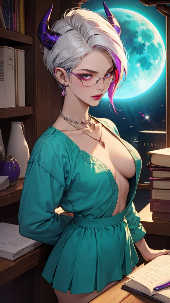 8k, masterpiece, best quality, highly detailed, 1 girl, tiefling, warlock, pixie cut, multicolored hair, very short straight hair red highlight hair on white hair, pled hair, wearing glasses, round glasses, earrings, navel piercing, red eyeshadow, long eyelashes, blushed cheek, red lips, pearl necklace, rings, collarbone, mole on face, glamorous, teal and purple clothes, miniskirt, smirk, close up view, rings, looking at viewer, demon horns, solo, blue pale moon, standing, royal dress, devil books.