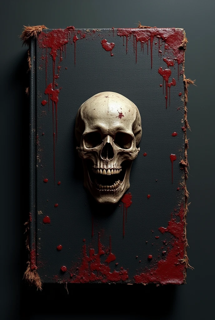 Full picture of a torn old black book cover with bloodstains and a skull in the middle.