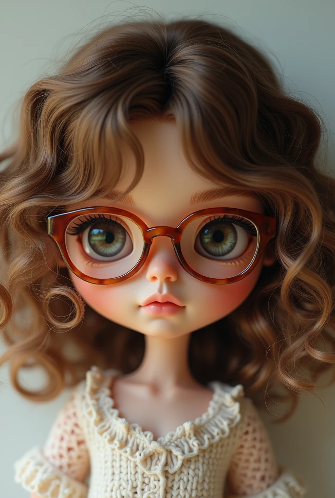 blythe doll brown curly hair with blonde highlights, without bangs, clear eyes, Caucasian skin, shoulder hair, transparent brown glasses