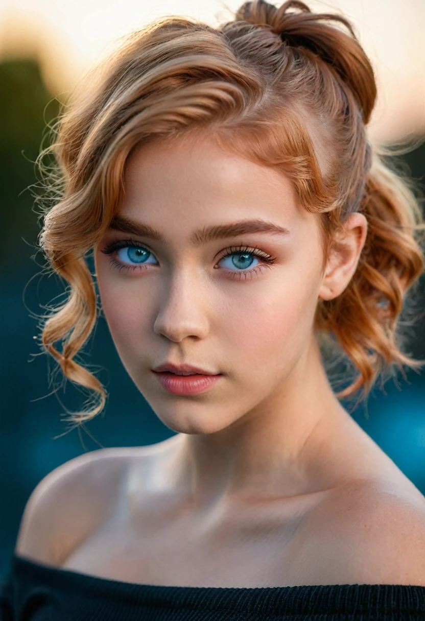 masterpiece, best quality, photograph, cinematic film photo of a young girl aged 16yo, 1girl, solo, tan skin, strawberry blonde short hair, wavy hair, side ponytail, light blue eyes, constricted pupils, athletic body, large breasts, perfect lips, wearing an off the shoulder black sweater, cleavage, posing for the camera, cute face, vignette, highly detailed features, highly detailed iris, realistic skin, realistic eyes, uhd, high budget, bokeh, cinemascope, moody, epic, gorgeous, whole body photo