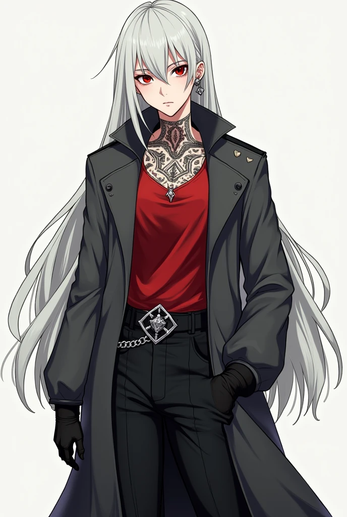 masculine, Age 22, Japanese 1,95 tall , weighs 86 kg, crimson red eye color, white hair color straight hair long, dark gray overcoat wearing black pants a red shirt ,military boots , black long gloves,has tribal tattoos , accessories include a silver chain and diamond earrings and a scar on her chest.