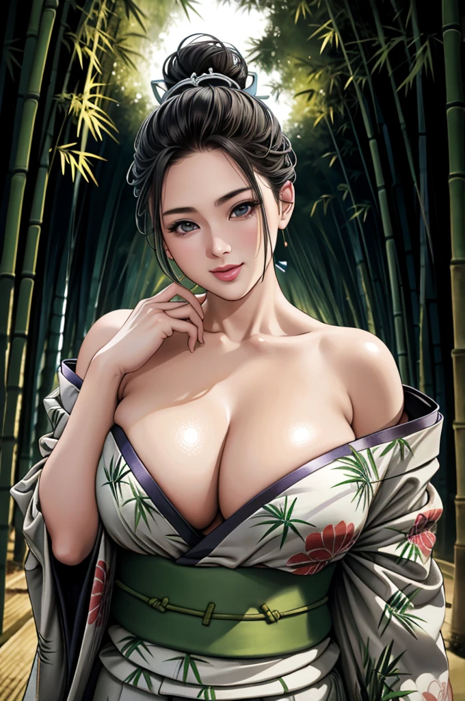 (Browsing Caution), (RAW Photos), (Realistic), (Photorealistic), Ultra-high resolution, masterpiece, Highest quality, Portraiture, facial Portraiture, Perfect lighting, Detailed lighting, Dramatic Shadows, Ray Tracing, Pure Eros Face_v1, Urzan-6500-v1.1, ((gentle smile)), ((upper body:1.2)), ((random sexy pose)), looking at viewer, ((wearing a kimono)), ((off shoulders kimono:1.2)), ((in Bamboo forest:1.2)), ((night:1.2)),