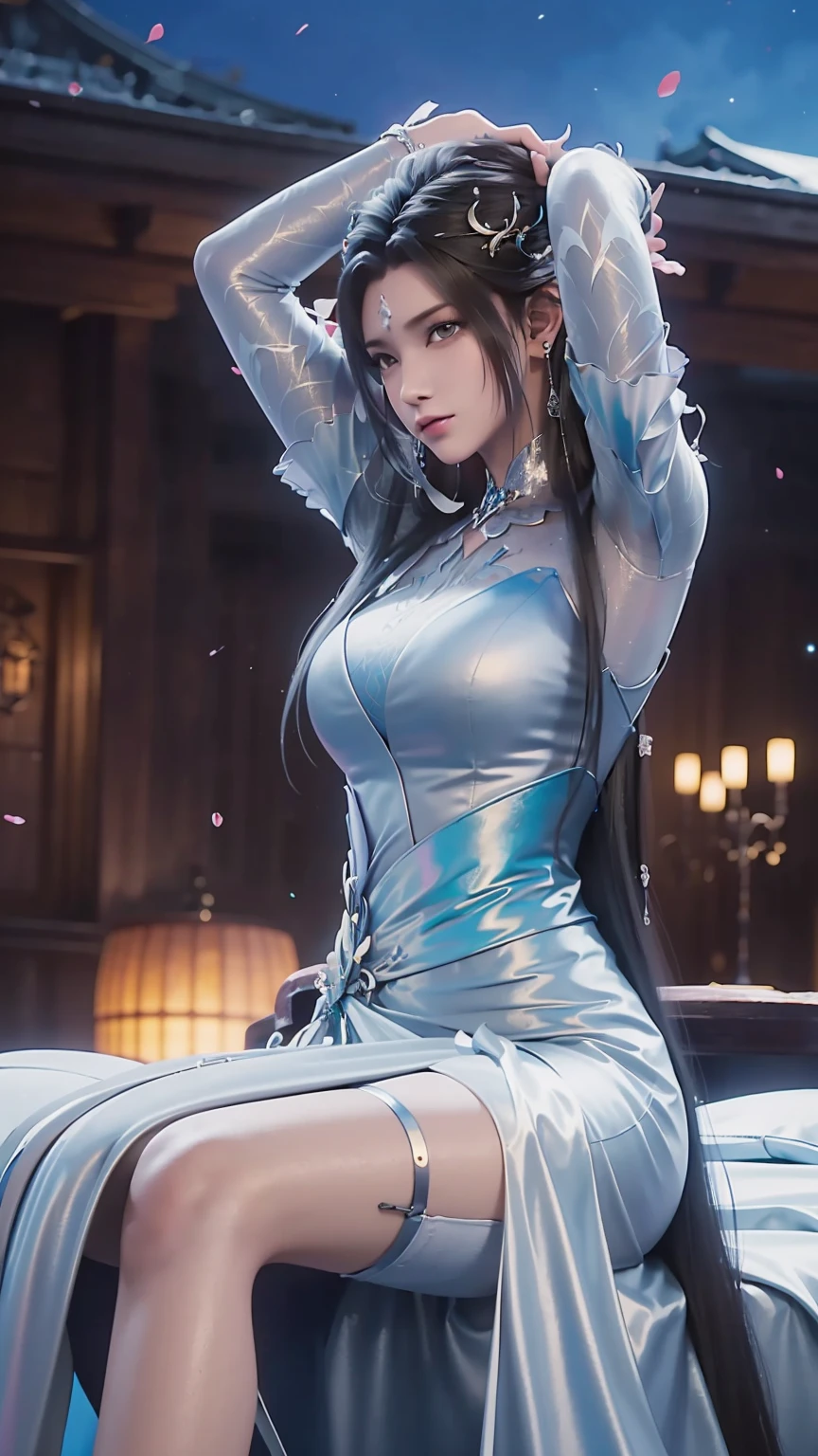 (((1 girl)),Ray tracing,[Detailed background (bedroom)),((Slim Girl))) Starry sky background,((((Girls wear dresses, With transparent stockings), Show off your exquisite figure and graceful curves, correct limbs, Sitting on the bed,Put your hands behind your head, Put your hands behind your head