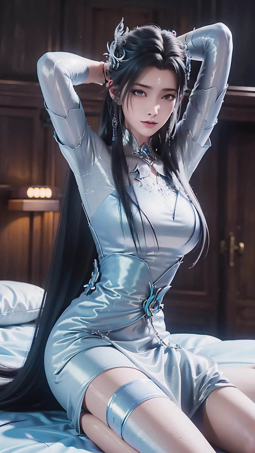 (((1 girl)),Ray tracing,[Detailed background (bedroom)),((Slim Girl))) Starry sky background，((((Girls wear dresses, With transparent stockings), Show off your exquisite figure and graceful curves, correct limbs, Sitting on the bed，Put your hands behind your head, Put your hands behind your head